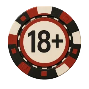 18+ gambling age warning icon featuring poker chip design – responsible gambling awareness.